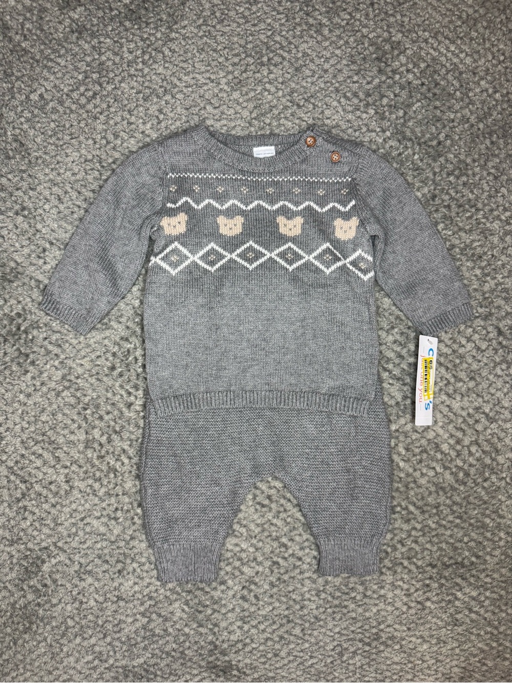 Carter’s Unisex Baby Knit Teddy Bear Sweater and Pants Set - Gray 3 Months NWT